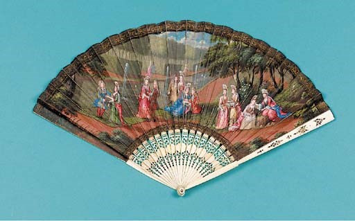 A fine fan, the dark kid leaf painted with courtiers in a formal garden, several of the ladies carrying fans, the verso with hyacinths, lilac, tulips and honeysuckle against a grey ground, the ivory sticks pierced and gilt - 10.5in. (27cm.), French, circa 1690