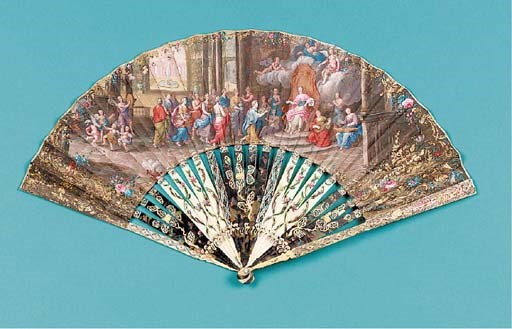 A fine fan, the leaf painted with a goddess, possibly Minerva, attended by musicians and being offered gifts of fruit, the verso with a shepherd and shepherdess, with pierced ivory sticks, with three groups three, six and three tortoiseshell sticks, painted and gilt - 10.5in. (28cm.), Italian circa 1720, mounted circa 1760, the verso also circa 1760