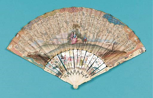 A decoupe fan, the leaf painted with a farmer and his wife with a shepherd, with farm buildings beyond, the upper half of the fan of cut-paper work, with ivory sticks , carved and pierced with chinoiserie, the upper half of the sticks of mother of pearl painted with chinoiserie figures, the verso with a hound chasing a hare - 11in. (28cm.), circa 1770 - in contemporary box by B. Coker inscribed Ancient Fan Ivory and Pearl broken 3946 (repairs to five mother of pearl panels)