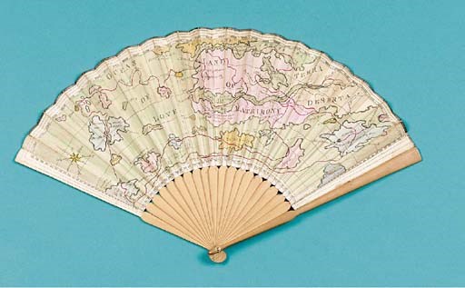 A Map of the World - Land of Matrimony, a printed fan, the leaf a hand coloured engraving showing the Island of Prudence, Divorce, Bay of Repentance, Sincerity Island, etc., published by T. Pike, King Street, Bloomsbury, May 1, 1788, with wooden sticks - 9.5in. (24cm.), 1788