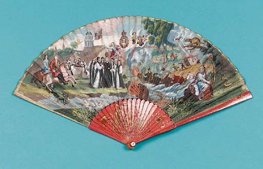 The Doctor Sacheverell fan, an allegorical printed fan, the leaf a hand-coloured etching, the verso with an allegory of the Creation?  - sunbeams bursting through seven crowns onto a grove of palmtrees, lilies and berries, the wooden sticks lacquered in red and gold with figures - 10in. (26cm.), 1710