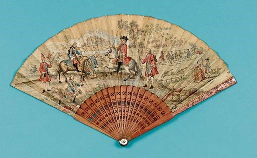 A Culloden Fan, the leaf a hand-coloured etching of the Surrender of Highlanders after Culloden, with Culloden House beyond, with pierced sandalwood sticks, the guardsticks carved with bamboo and flowers - 10in.(27cm.), 1745 (slight wear to leaf and piece of mother of pearl missing from upper rivet)