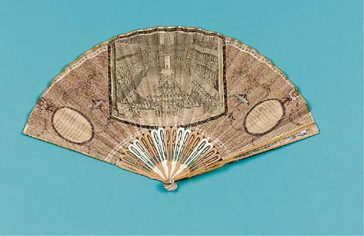 The Trial of Warren Hastings, a printed fan with a view of the trial at Westminster Hall, the engraved leaf with hand-coloured reserves, Spanish translations have been stuck over the keys, [by Cock & Co., 36 Snow Hill, Sept. 22nd, 1788], with pierced sandalwood sticks alternating with pairs of bone sticks - 9in. (22cm.), [1788]
