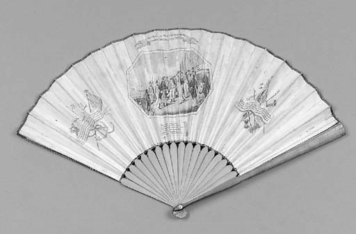 Admiral de Winter Surrendering his Sword to Admiral Lord Duncan, after the defeat of the Dutch fleet at the battle of Camperdown, a printed fan, the leaf a stipple engraving, published by B. Coker, 118 Fleet Street, November 20, 1797, with wooden sticks - 9.5in. (25cm.), 1797
