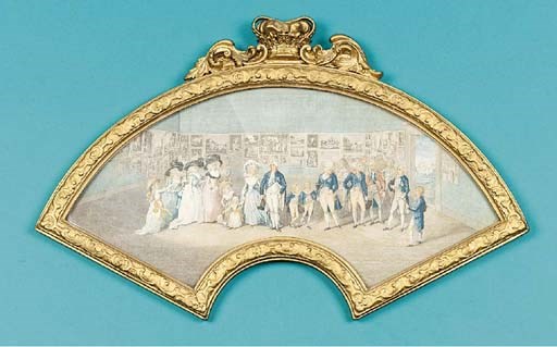 The Royal Family visiting the Royal Academy, an unmounted fan leaf, a stipple engraving printed in colour after J.H. Ramberg - 17in. (43cm.), wide, published by Antonio Poggi [1790] - in early 19th century carved wood gilt frame, surmounted by a crown labelled Dixon, carver and gilder, glazed