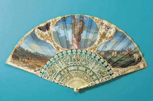 The Battle of Bunker Hill, a painted fan commemorating the battle with a caricature of a lady in wearing a high hairstyle decorated with the battle scene, to the left the battle and the right an English ship, the reserves painted with butterflies, the verso with a landscape vignette, the ivory sticks carved and pierced with chinoiserie figures with telescopes and painted with butterflies - 10in. (26cm.), 1776 (old repairs to two sticks and one cracked)