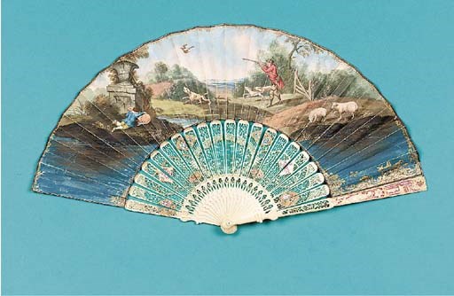 The Sportsman, a fan, the leaf painted with a gentleman woodcock shooting, the verso with a figure in a landscape, the ivory sticks pierced and painted with chinoiserie, the guardsticks carved with chinoiserie figures - 10in. (26cm.), English, circa 1770