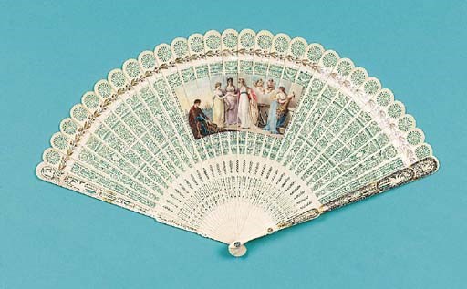 The Act of Union of England and Ireland, a pierced ivory brise fan painted in the manner of William Marshall Craig, the guardsticks decorated with cut-steel - 10in. (25cm.), 1801 (repairs to guardsticks) - in red morocco case