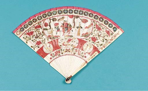 A fine ivory brise fan, painted and lacquered recto and verso, with a European merchant riding attended by a manservant holding a parasol over him and a lobster and carp in a lily pond, birds, butterflies and prunus, with pierced border - 10in. (26cm.), Chinese for the European market, circa 1700