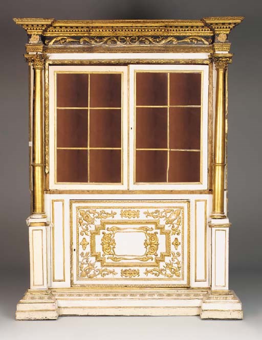 A PAIR OF ITALIAN CARVED GILTWOOD AND DECORATED BOOKCASES, 19TH CENTURY