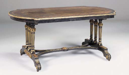 A LATE VICTORIAN AESTHETIC EBONISED WALNUT PARCEL GILT AND ORMOLU MOUNTED LIBRARY TABLE, BY LAMB