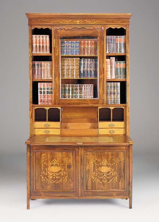AN EDWARDIAN WALNUT, ROSEWOOD AND MARQUETRY SECRETAIRE CABINET