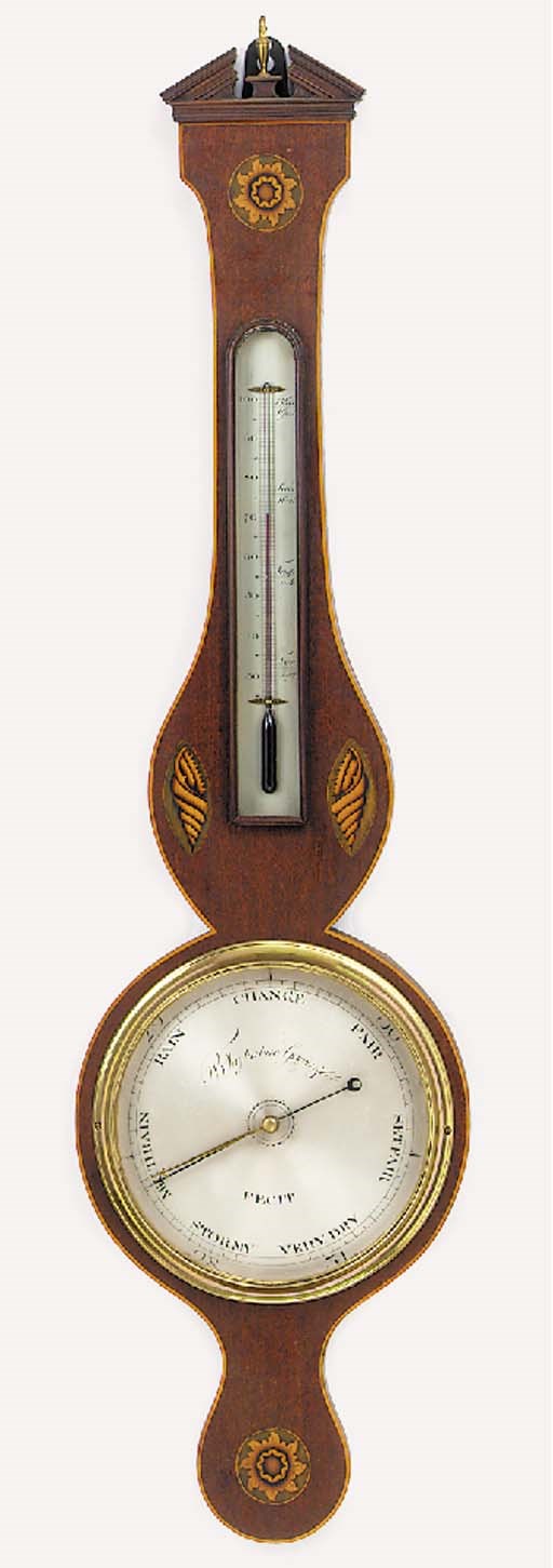 A Victorian mahogany and marquetry inlaid wheel barometer, circa 1840