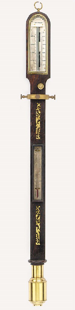 A Dutch rosewood and mother-of-pearl inlaid marine stick barometer, mid 19th century