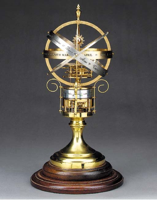 An English brass table orrery clock, circa 1980