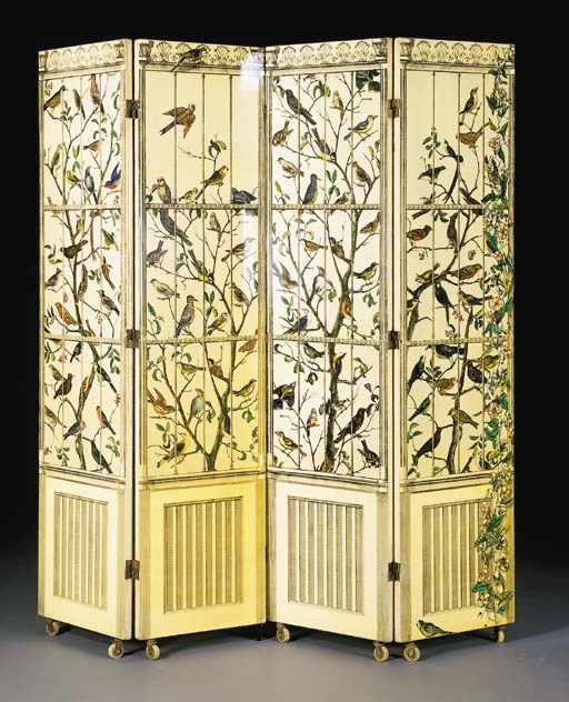 'UCCELLI', A FOUR PANEL HAND-PAINTED AND LITHOGRAPHICALLY PRINTED WOOD SCREEN