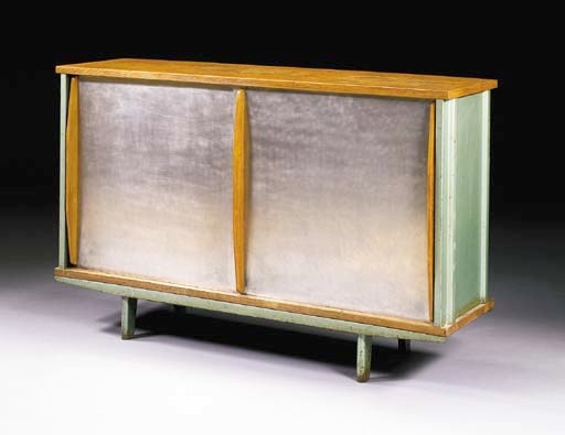 AN ENAMELED STEEL, OAK AND ALUMINUM SIDEBOARD