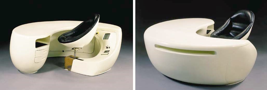 A FIBERGLASS 'BOOMERANG' DESK AND LEATHER UPHOLSTERED SWIVEL CHAIR