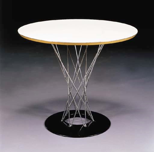 A LAMINATED PLYWOOD, CAST-IRON AND CHROMIUM-PLATED METAL DINING TABLE
