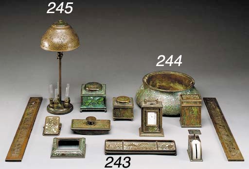 A SEVEN-PIECE 'PINENEEDLE' BRONZE GLASS DESK SET