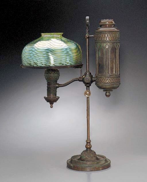 A FAVRILE GLASS AND BRONZE STUDENT TABLE LAMP