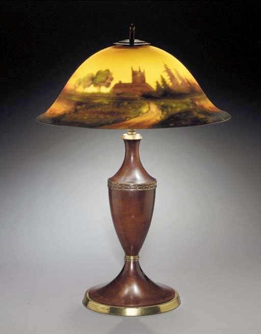 A REVERSE-PAINTED GLASS, PATINATED-METAL AND MAHOGANY TABLE LAMP