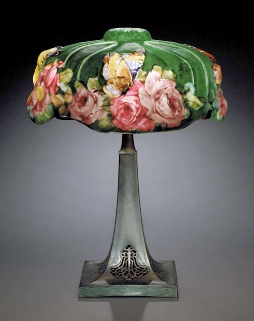 'BUTTERFLY AND ROSES', A REVERSE-PAINTED GLASS AND PATINATED-METAL TABLE LAMP