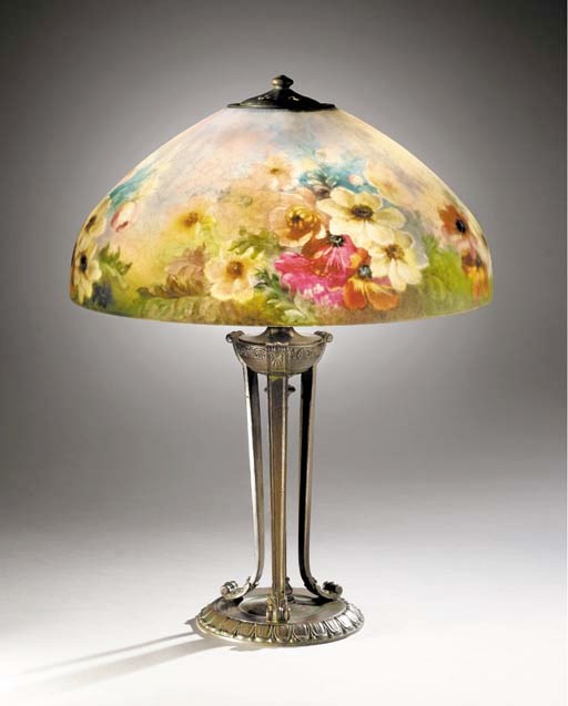 A FINE REVERSE-PAINTED GLASS AND PATINATED-METAL TABLE LAMP