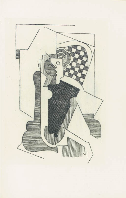 [GLEIZES, Albert] PASCAL .
Pensées. Paris: Editions de la Cigogne, 1950. 2 volumes, grand in-4 (330 x 250 mm.). Le premier volume dans une reliure de maroquin bleu nuit ornée sur chaque plat d'un grand décor de filets or droits et courbes. Le second volume en maroquin janséniste.Etui.

ILLUSTRATIONS: 57 eaux-fortes originales en noir d'Albert Gleizes, in ou hors texte.
Tirage limité à 235 exemplaires, un des 19 de tête sur vergé de Montval contenant 3 dessins originaux à l'encre de Chine, et une aquarelle originale de Gleizes, tous signés. Ainsi que 7 épreuves d'artistes signées, une suite sur Japon, une autre en bistre des épreuves définitives et enfin une suite de 15 eaux-fortes préparatoires (l'une d'elle reproduite ici).
Très bel ensemble. 	 (2)
