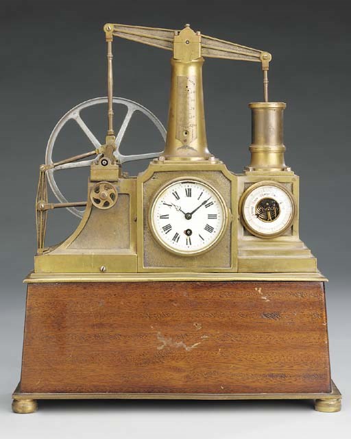 An unusual late 19th-Century brass timepiece with aneroid barometer mounted to simulate a single cylinder beam engine,