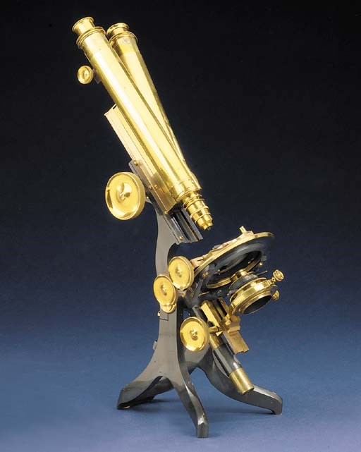 A 19th-Century lacquered-brass binocular microscope,
