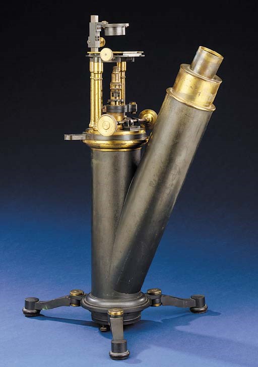 An unusual 19th-Century lacquered and oxidised-brass French microscope,