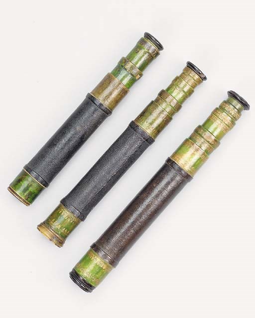 A late 18th-Century leather-bound vellum and pasteboard three-draw Admiral's telescope,
