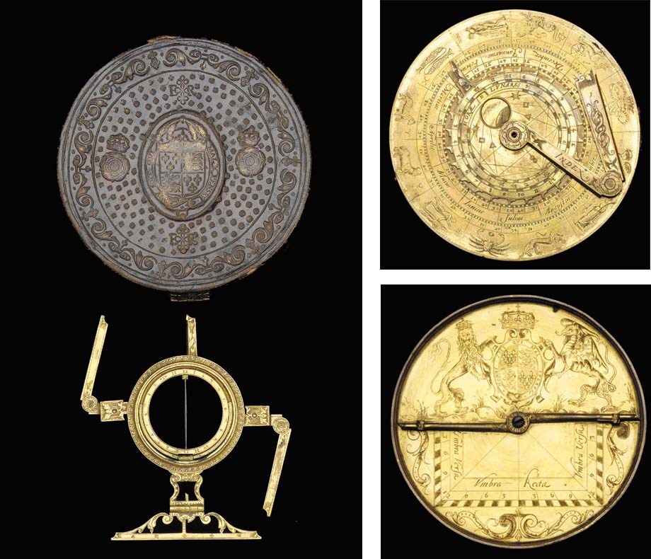 An exceptional French gilt-brass astronomical compendium with the English Tudor royal arms, in a tooled leather case,