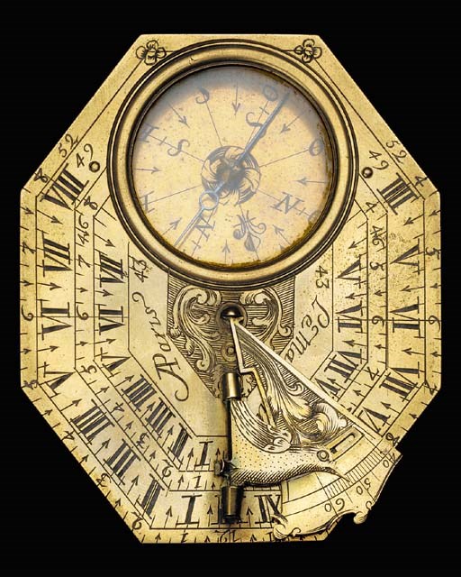 A fine 18th-Century brass Butterfield-pattern horizontal compass sundial,