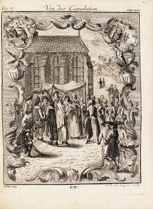[JUDAICA]. BODENSCHATZ, Johann Christoph Georg. Kirchliche Verfassung der heutigen Juden sonderlich derer in Deutschland. Frankfurt, Leipzig, Erlangen and Coburg: widow of J.F. Becker and G. Otto for the author, 1748-49. 4 parts in 2 volumes bound in one, 4o. Titles printed in red and black, engraved frontispiece and 29 plates by and after I.C. Müller and G. Eichler. (Scattered marginal dampstaining, affecting the corners of images on two plates.) Contemporary half-vellum (some wear, spine punctured). FIRST EDITION of this important historical source for Jewish life in Germany in the mid-eighteenth century. Bodenschatz, a prominent Protestant theologian, describes contemporary Jewish customs faithfully and without prejudice. Graesse I, 459 'Ouvrage curieux'.