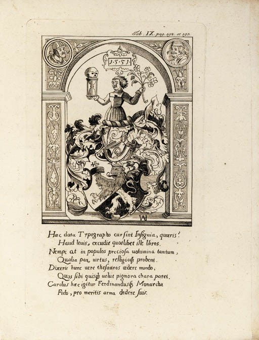 WÜRDTWEIN, Stephan Alexander. Bibliotheca Moguntina. Libris saeculo primo typographico Moguntiae impressis instructa.... Augsburg: Christoph Friedrich Bürglen, 1787. 4o. 9 engraved plates (3 folding) and 2 engraved illustrations in text. (Light browning and staining throughout.) Contemporary boards, uncut (worn). FIRST EDITION. "Würdtwein, a scholar of Worms, published a work of great interest on the origin of printing... He treats with considerable minuteness of the genealogy of Gutenberg, of Fust and of Peter Schoeffer, and engraves their arms and crests. He has copied, with the utmost veri-similitude, the colophons of all the early Mayence editions to which he could obtain access. Especially admirable is his facsimile of portions of the Psalter of 1457 which reproduces in exact size all the peculiarities of the original, as well as the system of abbreviation and punctuation adopted." Bigmore & Wyman vol. III, p. 100; Brunet V:1483. [With]: Another copy, dated 1789. Modern half vellum. 	 (2)