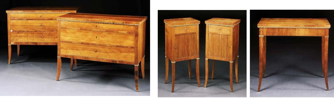 COPPIA DI COMMODES IN VARI LEGNI E LEGNO DORATO, SECOLO XIX, PROBABILMENTE TOSCANA,