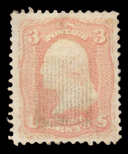 unused  1867 perf. 12 3c. rose with "Z" grill (about 11x14mm.), a large and well-centred example with a clear impression of the grill, traces of gum that may not be original; two shortish perfs. and a few perf. tips lightly stained. A very fair example of this elusive rarity. R.P.S. Certificate (2000) states "...soiled, stained, is genuine". S.G. 84, £3,250. Scott 85C, $5,000 (as no gum). Photo