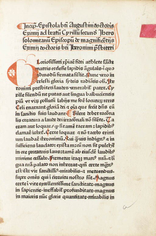 AUGUSTINUS, Aurelius (pseudo-). Epistola ad Cyrillum de magnificentiis Hieronymi. - CYRILLUS, Hierosolymitanus (pseudo). Epistola ad Augustinum de miraculis Hieronymi. - HIERONYMUS, Eusebius (pseudo-). Epistola ad Susannam lapsam et ad Heliodorum. [Cologne: Ulrich Zel, ca 1470].