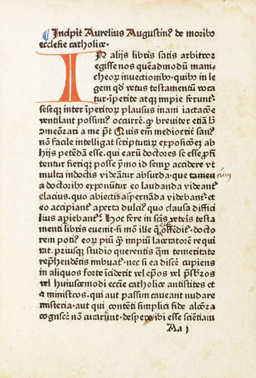 AUGUSTINUS, Aurelius (354-430, Saint). De moribus ecclesiae catholicae. [Cologne: Bartholomaeus de Unkel, ca 1480].