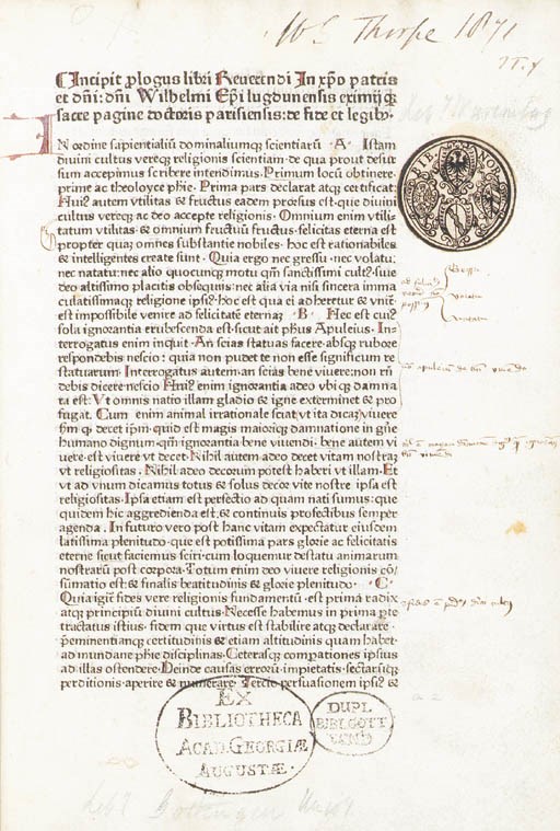 GUILLERMUS ALVERNUS, Bishop of Paris (1180-1249). De fide et legibus. Augsburg: Günther Zainer, [not after 1476].