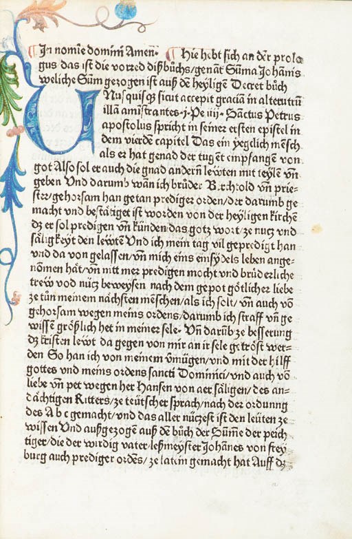 JOHANNES FRIBURGENSIS (ca 1250-1314). Summa confessorum. [German:] Das buch genannt Summa. Translated and adapted by Berchtold (fl. 14th century). Augsburg: Johann Bämler, 25th September 1472.