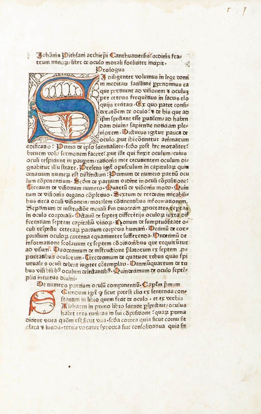 JOHANNES DE PECKHAM. De oculo morali. Augsburg: [Anton Sorg, not after 1476].