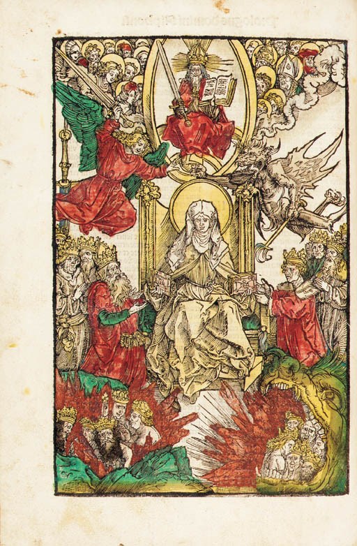 BIRGITTA (1302/03-1373, Saint). Revelationes. Translated from Swedish into Latin by Petrus Olavi. Foreword by Matthias de Suecia. - Johannes de TURRECREMATA (1388-1468). Defensiorum super Revelationes caelestes sanctae Birgittae [extract]. - Vita abbreviata S. Birgittae. - Hymnus ad Beatam Birgittam. Edited by Florian Waldauf von Waldenstein (ca 1450-1510). Nuremberg: Anton Koberger at the instigation of Maximilian I, 21 September 1500.