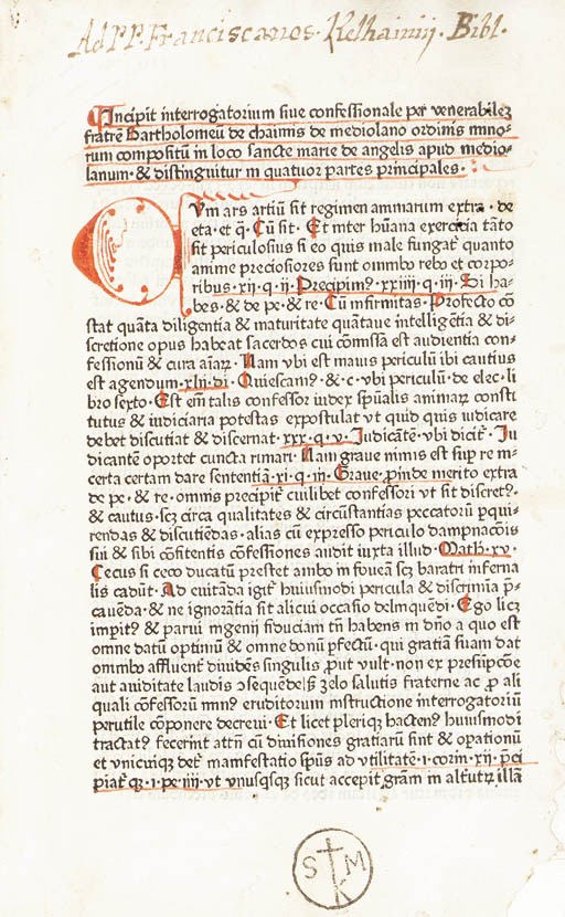 BARTHOLOMAEUS DE CHAIMIS. Interrogatorium seu confessionale. Nuremberg: Friedrich Creussner, 1477.