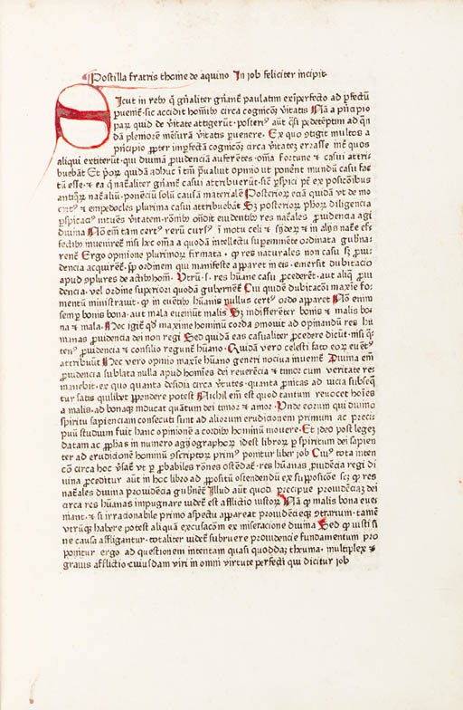 THOMAS AQUINAS (ca 1225-1274, Saint). Expositio postilla in Job. Esslingen: Conrad Fyner, 1474.
