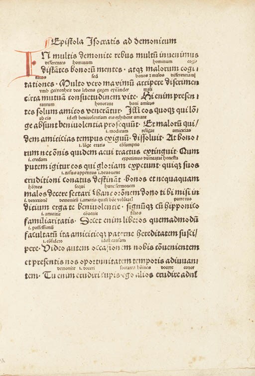ISOCRATES (pseudo-). Praecepta ad Demonicum. Translated from the Greek into Latin by Rodolphus Agricola. [Heidelberg: Heinrich Knoblochtzer, ca 1495].