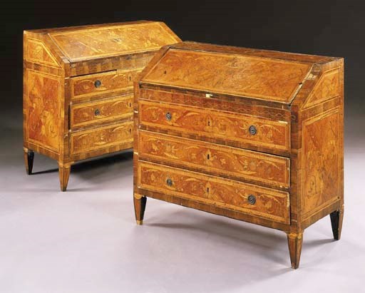 A PAIR OF NORTH ITALIAN NEOCLASSIC INLAID WALNUT AND FRUITWOOD BUREAUX