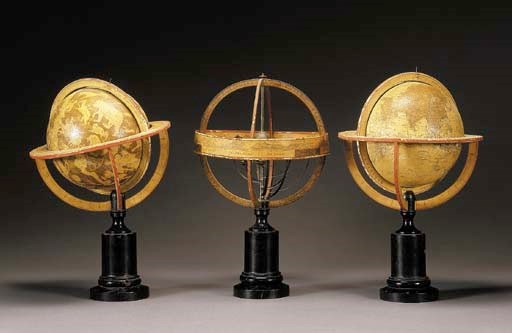 A SET OF THREE FRENCH PAPIER MACHE AND WOOD TABLE GLOBES